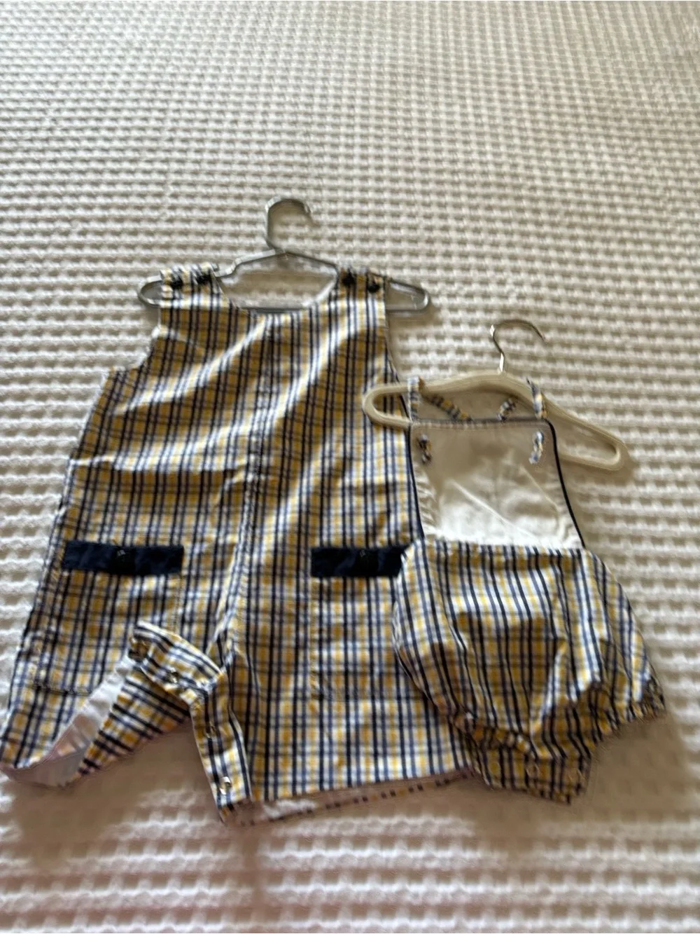 bella bliss Yellow and Blue Plaid Toddlers Romper and Matching Infant Romper